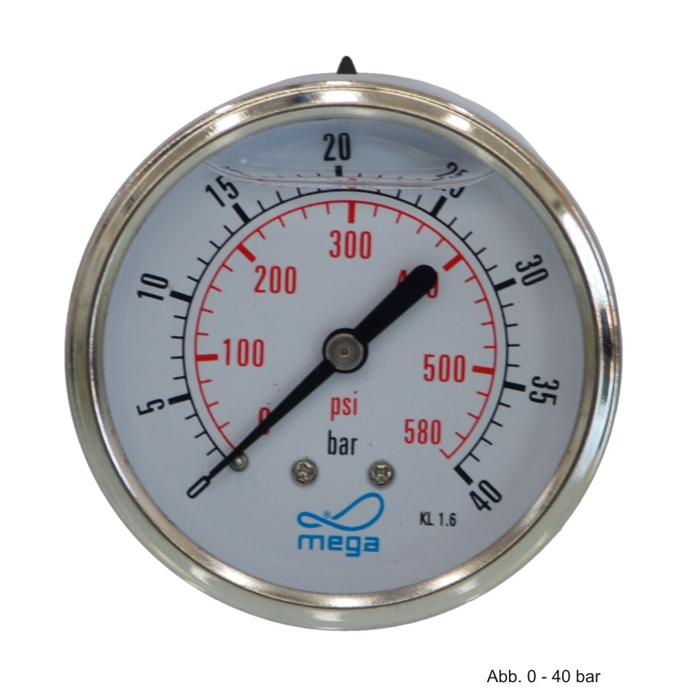 Glyzerinmanometer, AG, Anschl. 1/4", unten, 0 - 1,6 bar, Gehäuse 63 mm